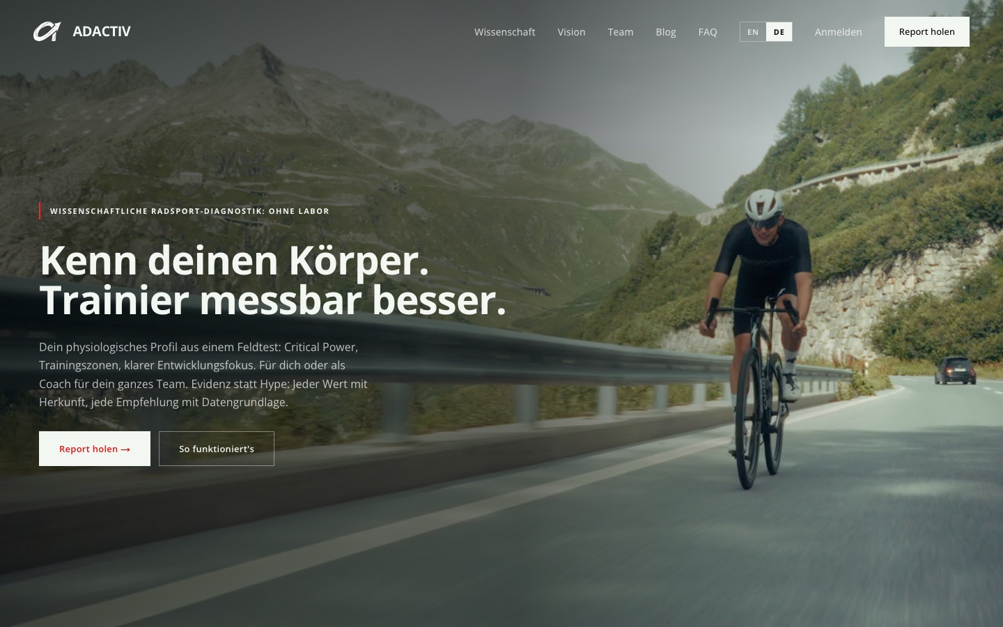 Startseite von adactivdiagnostics.ch: Radfahrer am Pass, Headline «Kenn deinen Körper. Trainier messbar besser.»