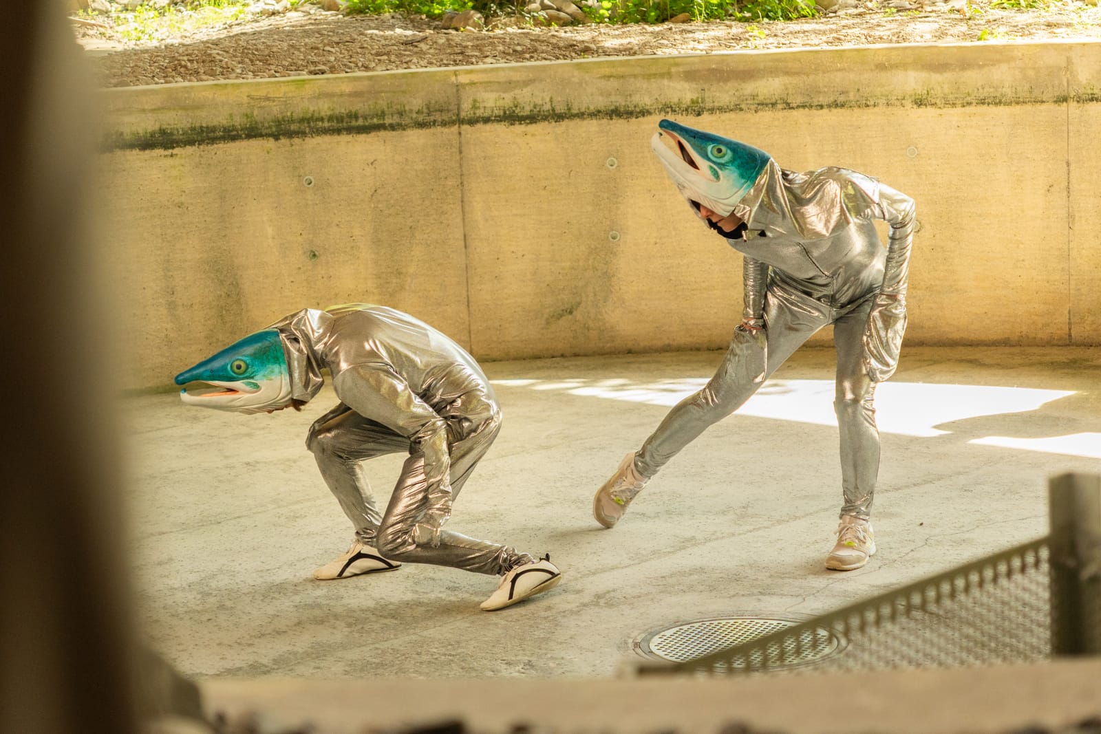 Zwei Figuren in Lachs-Kostümen im Wasserbecken