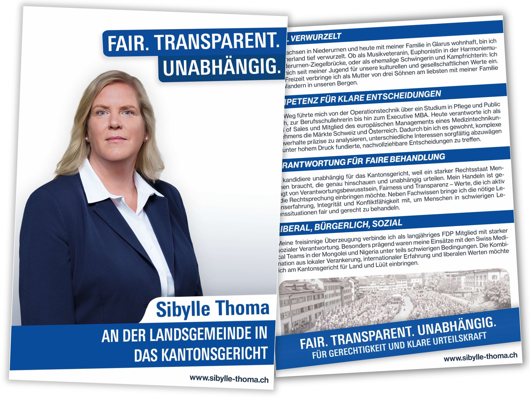 Wahlkampagne Sybille Thoma — Plakat und Flyer in ruhiger Tonalität für Kandidatur ans Kantonsgericht